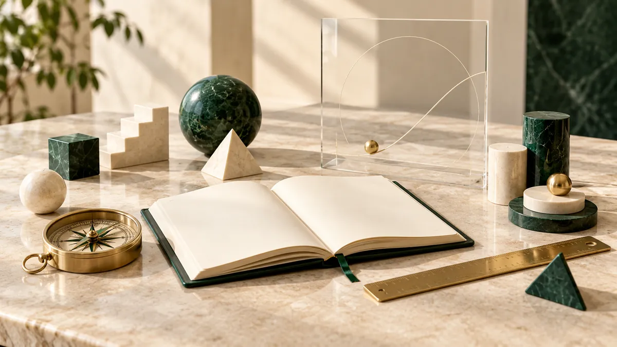 Conceptual still life of an open notebook, brass compass and ruler, and geometric planning objects